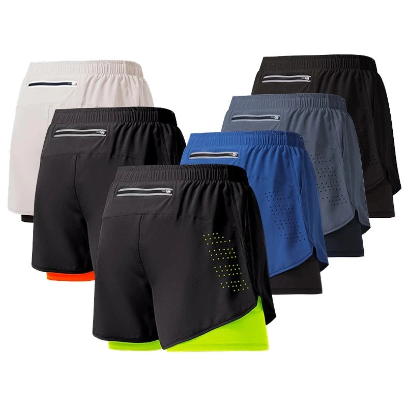 Herren Laufshorts Schnelltrocknende Fitness Schwarz Doppellagige Shorts Herren Neue Sport Workout Training Bodybuilding Kurze Hosen