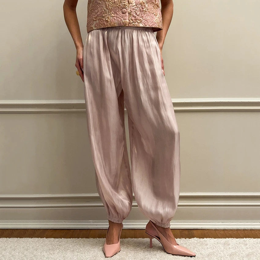 Linad Elegante Rosa Krepp Weite Pluderhose für Damen Street Chic Plissierte Hose Weiblich Herbst Vintage High Waist Lange Hose 2025