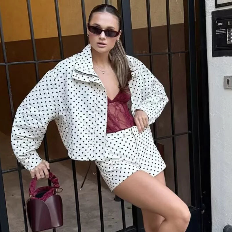 HXAO Polka Dot Bomberjacke Damen Jacken Übergangsjacke Oversized Langarm Oberteil Oberbekleidung Fliegerjacke Plus Size Reißverschluss Kurze Jacken