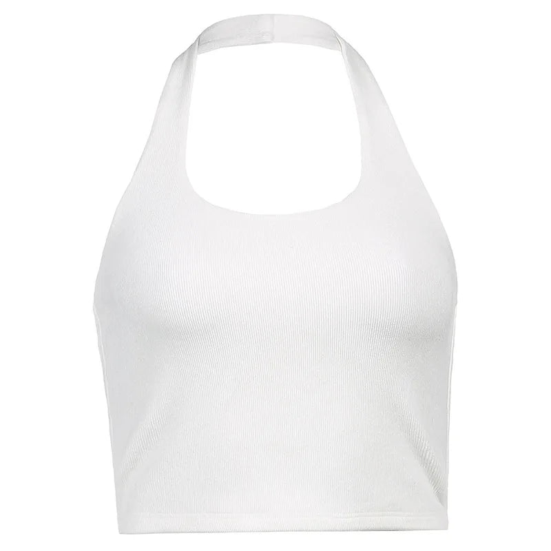 Women's Ribbed Halter Neck Crop Tank Top Sleeveless U-Neck Backless Slim Fit Solid White Knit Cami Summer Casual Basic Y2K
