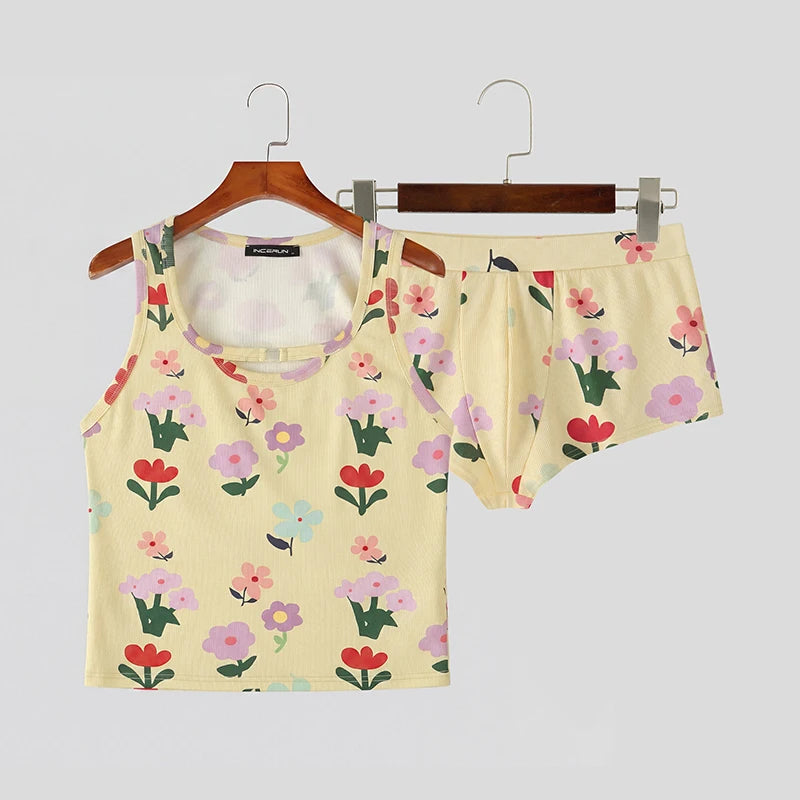 INCERUN Herren-Sets mit Blumendruck, Sommer-Homewear, ärmellose Tanktops, Shorts, zweiteilige Sets 2026, lässige Unisex-Partner-Sets