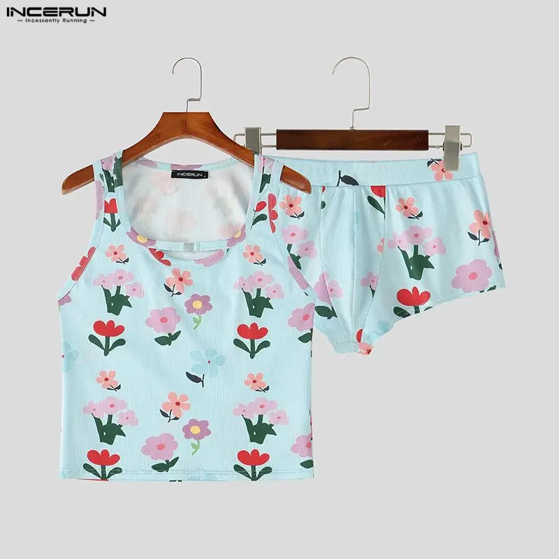 INCERUN Herren-Sets mit Blumendruck, Sommer-Homewear, ärmellose Tanktops, Shorts, zweiteilige Sets 2026, lässige Unisex-Partner-Sets