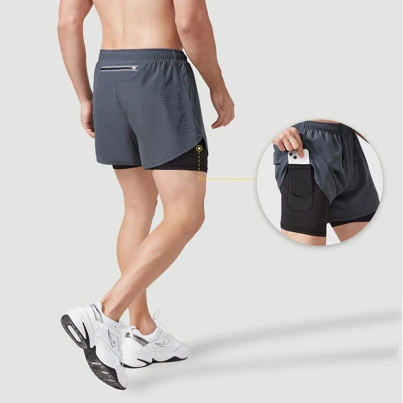 Herren Laufshorts Schnelltrocknende Fitness Schwarz Doppellagige Shorts Herren Neue Sport Workout Training Bodybuilding Kurze Hosen