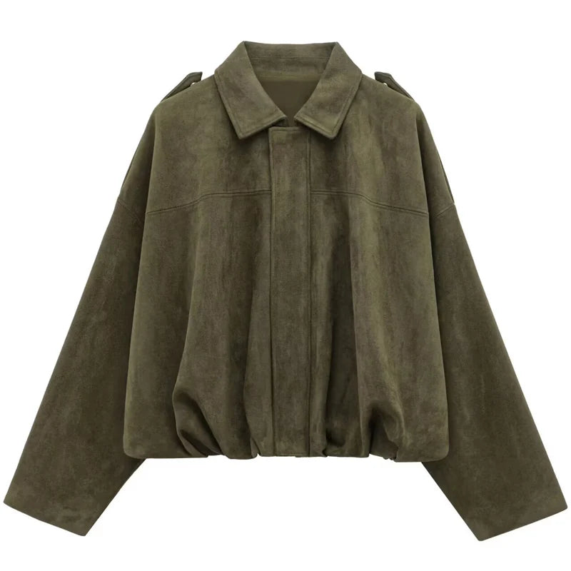 HXAO Wildleder Cropped Jacke Damen Bomberjacke Oversized Fledermausärmel Oberbekleidung Damen Lässiger Lockerer Mantel Street Style Jacken