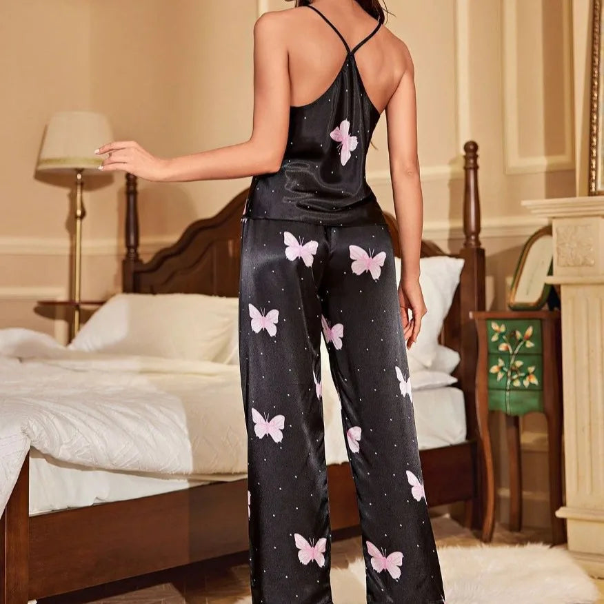 Female Pajama Sexy Suspender Trouser Suits Sleepwear Lingerie Spring Summer Pyjama Pour Femme Loungewear Loose Satin Homewear