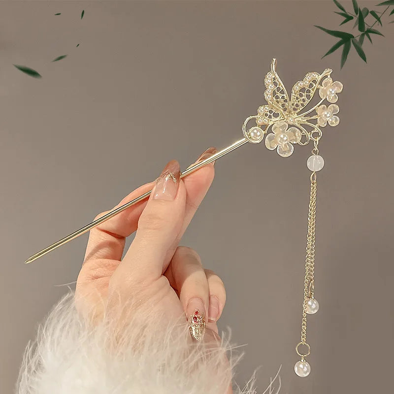 Elegant Chinese Style Hair Clip Tassel Hair Stick Traditional Floral Design Hairstyle Accessory Women Jewelry Hairpin Hairneedle