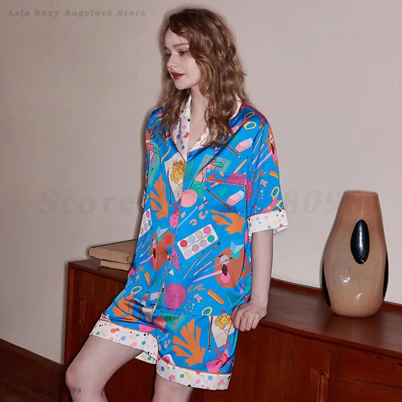 Damen Schlafanzug Cartoon Bedruckt Pyjama Set Loungewear Sommer Neu Eisseide Pyjama Pour Femme Sexy Locker Hauskleidung Dessous