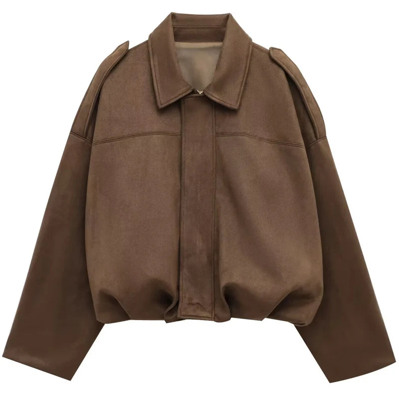 HXAO Wildleder Cropped Jacke Damen Bomberjacke Oversized Fledermausärmel Oberbekleidung Damen Lässiger Lockerer Mantel Street Style Jacken