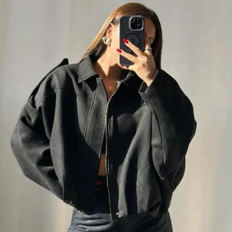 HXAO Wildleder Cropped Jacke Damen Bomberjacke Oversized Fledermausärmel Oberbekleidung Damen Lässiger Lockerer Mantel Street Style Jacken