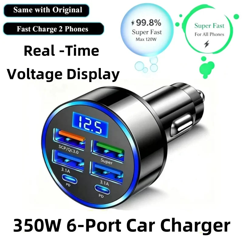 6-in-1-Schnelllade-Kfz-Adapter 3.1A Dual Type-C Digitalanzeige Smartphones Tablets Powerbanks Schwarz Tragbares Ladegerät