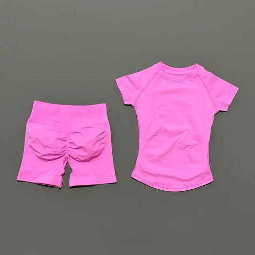 2 Pcs HISTELLO Sports Gym Sets Short Sleeve Seamless Yoga Clothing Fitness Set Women Workout Running Sports Short Leggings Suit