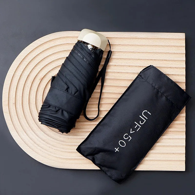 UPF50+ Mini Flachschirm, 5-fach faltbar, tragbarer Taschen-UV-Schutz-Regenschirm für Damen