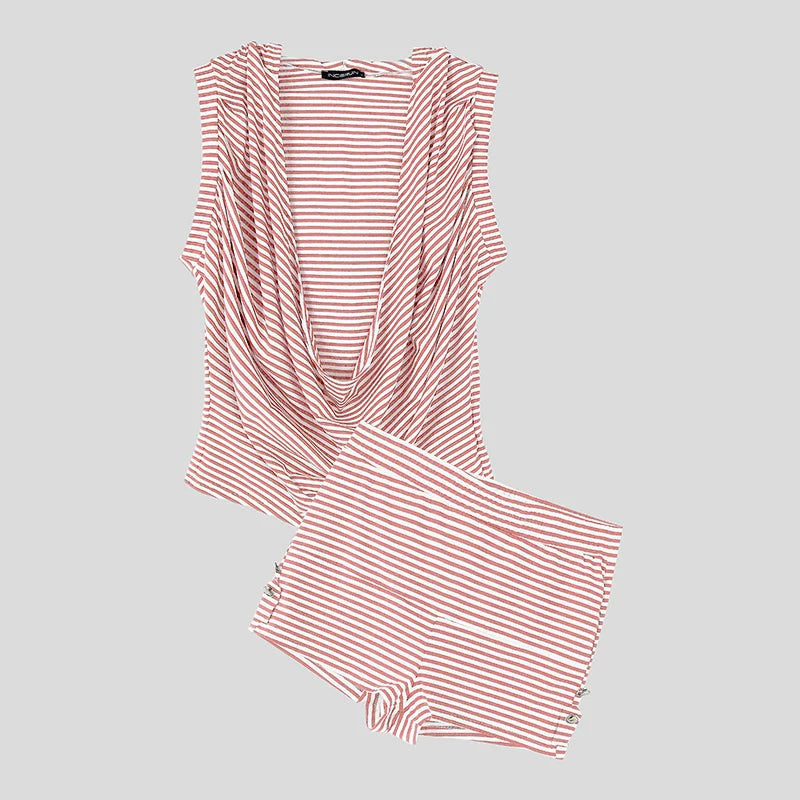 INCERUN Men Striped Sets Summer Hooded Sleeveless Tank Tops Shorts Two Piece Sets Streetwear 2026 Loose Casual Men Matching Sets