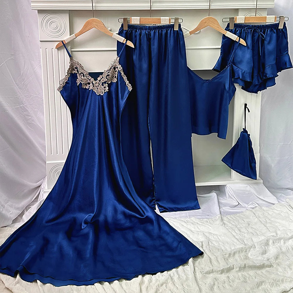 Sommer Damen 4-teiliges Pyjama-Set Nachtwäsche Sexy Spitzenbesatz Nachthemd Dessous Pyjama für Damen Lockere Satin-Hauskleidung Loungewear