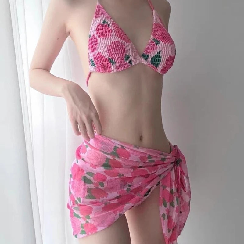 New Fashion Ribbed Floral Bikini Set for Small Chest Adjustable Tie Side Swimwear Women Summer Beach Bikinis