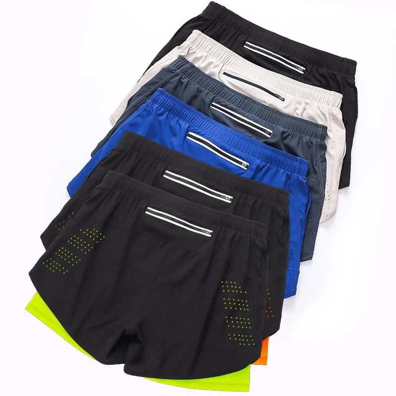 Herren Laufshorts Schnelltrocknende Fitness Schwarz Doppellagige Shorts Herren Neue Sport Workout Training Bodybuilding Kurze Hosen
