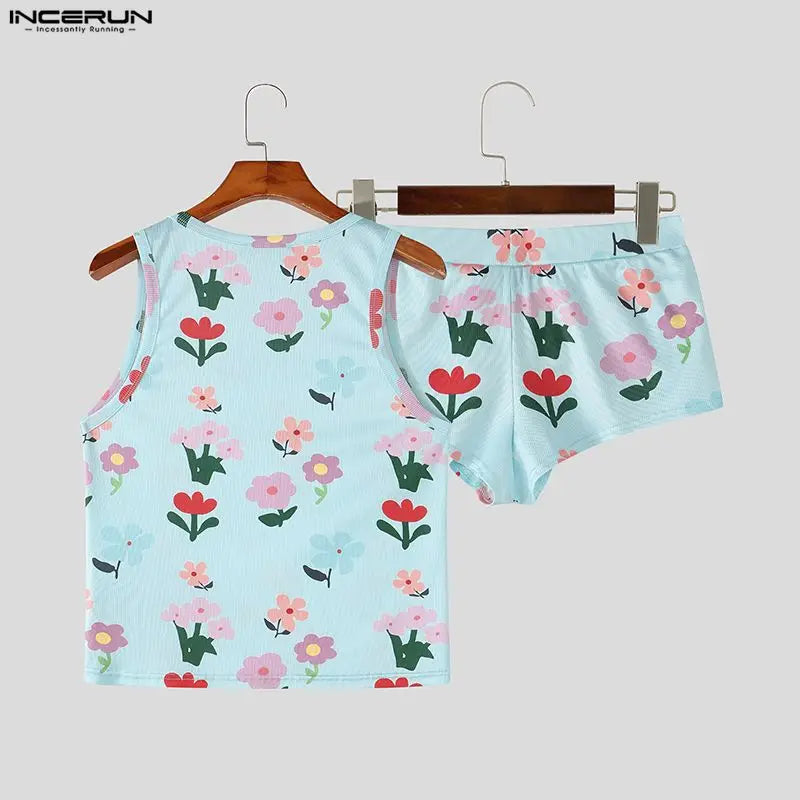 INCERUN Herren-Sets mit Blumendruck, Sommer-Homewear, ärmellose Tanktops, Shorts, zweiteilige Sets 2026, lässige Unisex-Partner-Sets