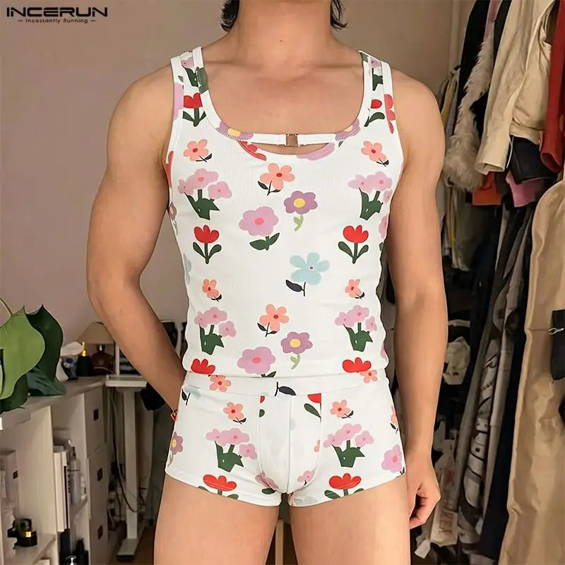 INCERUN Herren-Sets mit Blumendruck, Sommer-Homewear, ärmellose Tanktops, Shorts, zweiteilige Sets 2026, lässige Unisex-Partner-Sets