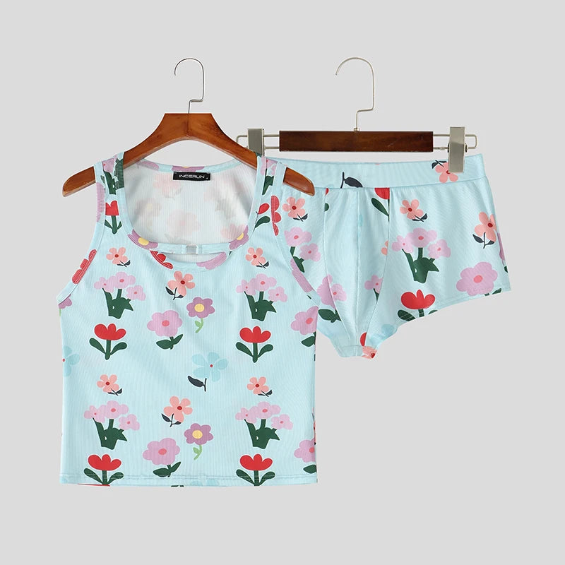 INCERUN Herren-Sets mit Blumendruck, Sommer-Homewear, ärmellose Tanktops, Shorts, zweiteilige Sets 2026, lässige Unisex-Partner-Sets