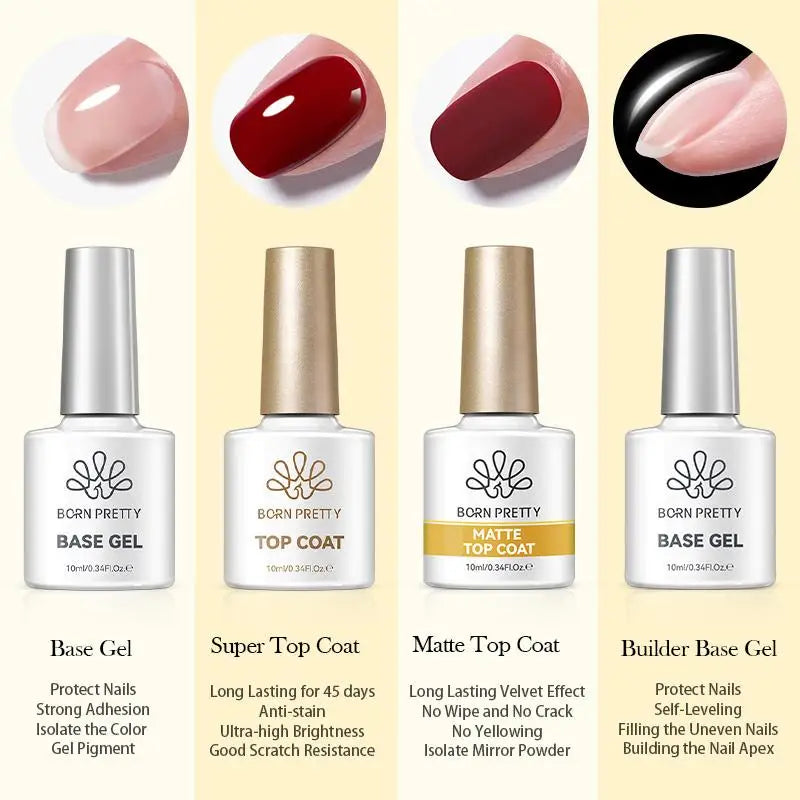 BORN PRETTY 10ml Base Gel Top Coat Rubber Gel Aufbaugel für Nägel Tools Soak Off UV LED Nagellack Funktionsgel