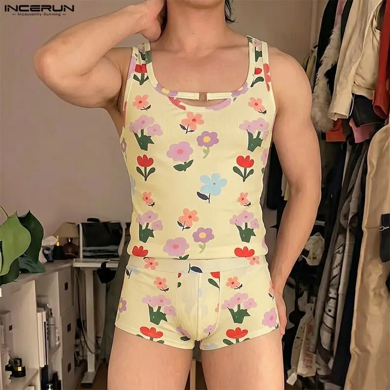 INCERUN Herren-Sets mit Blumendruck, Sommer-Homewear, ärmellose Tanktops, Shorts, zweiteilige Sets 2026, lässige Unisex-Partner-Sets