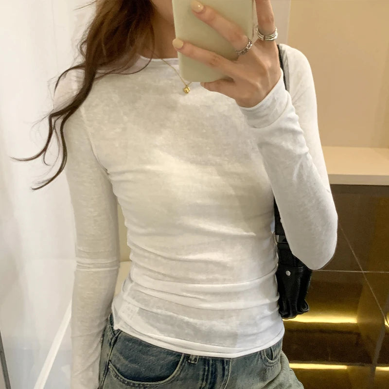 Frühling Herbst T-Shirt Damen Tops Einfarbig Slim Fit Langarm Rundhals T-Shirts Weiblich Lässige Streetwear Hochwertige Basic-Shirts
