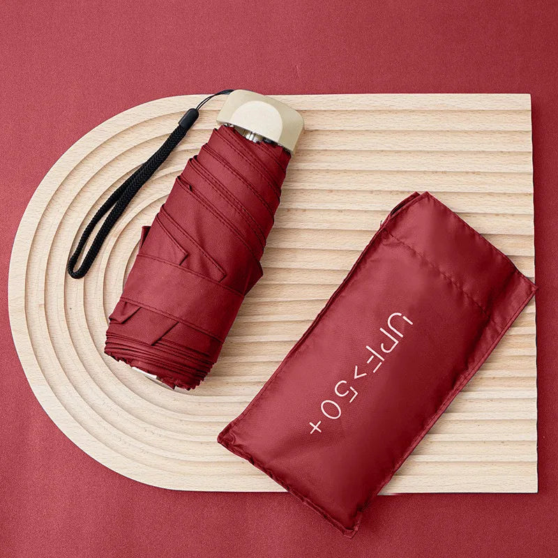 UPF50+ Mini Flachschirm, 5-fach faltbar, tragbarer Taschen-UV-Schutz-Regenschirm für Damen