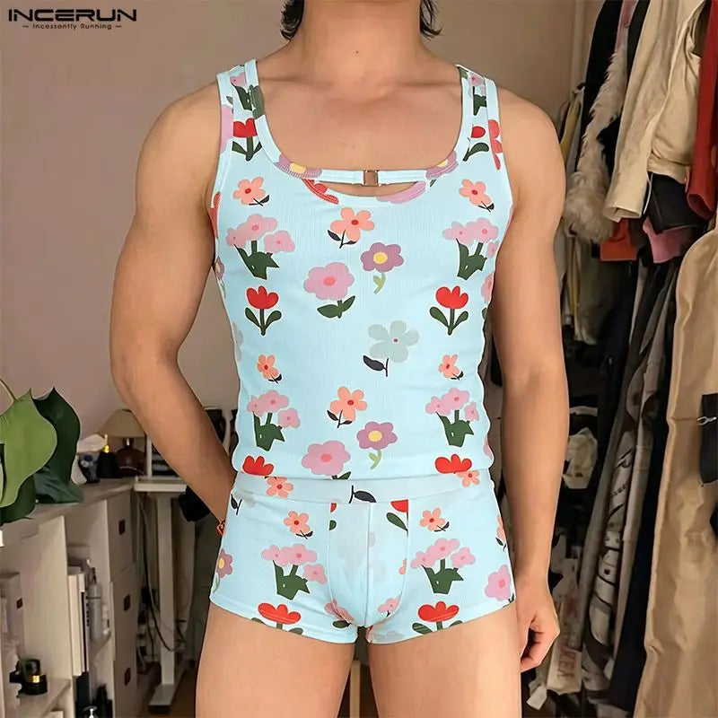 INCERUN Herren-Sets mit Blumendruck, Sommer-Homewear, ärmellose Tanktops, Shorts, zweiteilige Sets 2026, lässige Unisex-Partner-Sets