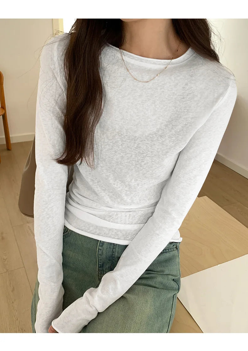 Frühling Herbst T-Shirt Damen Tops Einfarbig Slim Fit Langarm Rundhals T-Shirts Weiblich Lässige Streetwear Hochwertige Basic-Shirts