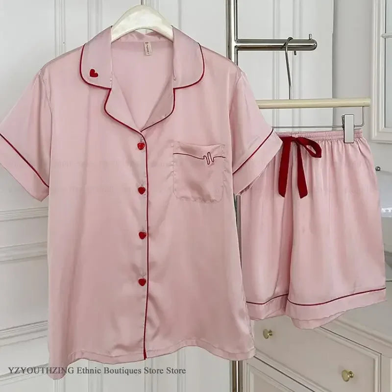 Frühling Sommer Eisseide Nachtwäsche Damen 2-teiliges Schlafanzug-Set Grün Kurzarm Pyjama Hauskleidung Pyjama Pour Femme Dessous