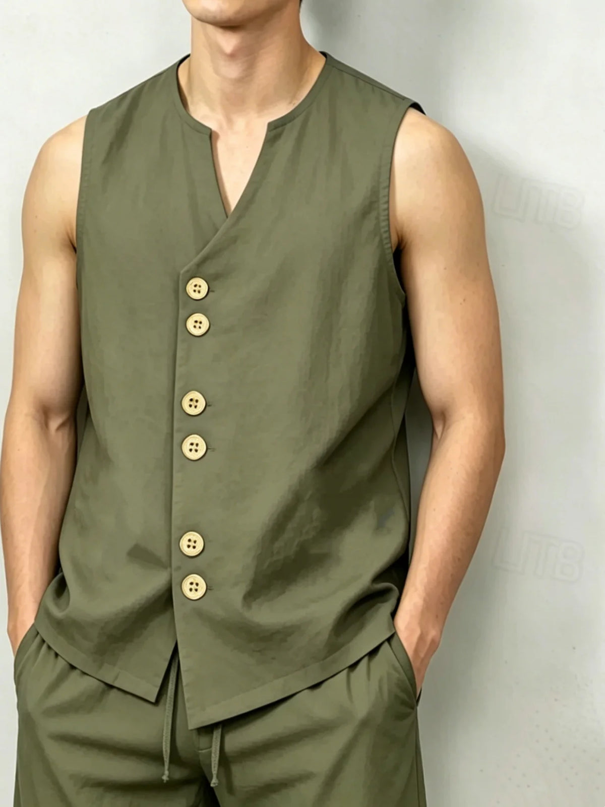 Herren Leinen-Look V-Ausschnitt Ärmelloses Oberteil & Tunnelzug-Shorts 2-teiliges Set, Atmungsaktives lässiges Sommer-Urlaubsoutfit