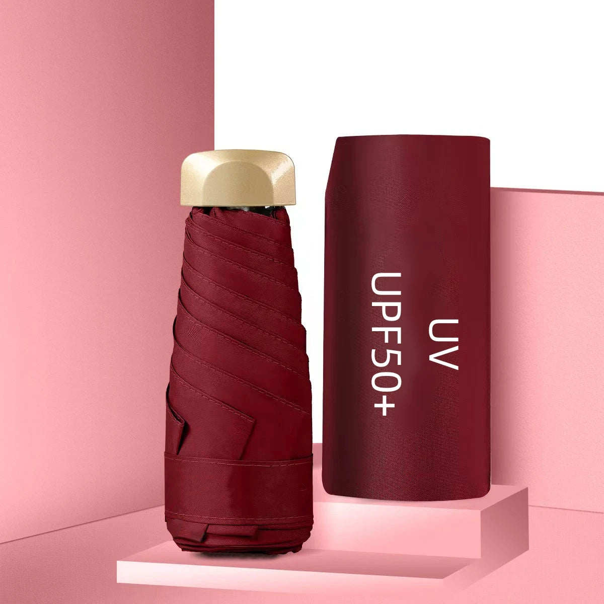 UPF50+ Mini Flachschirm, 5-fach faltbar, tragbarer Taschen-UV-Schutz-Regenschirm für Damen