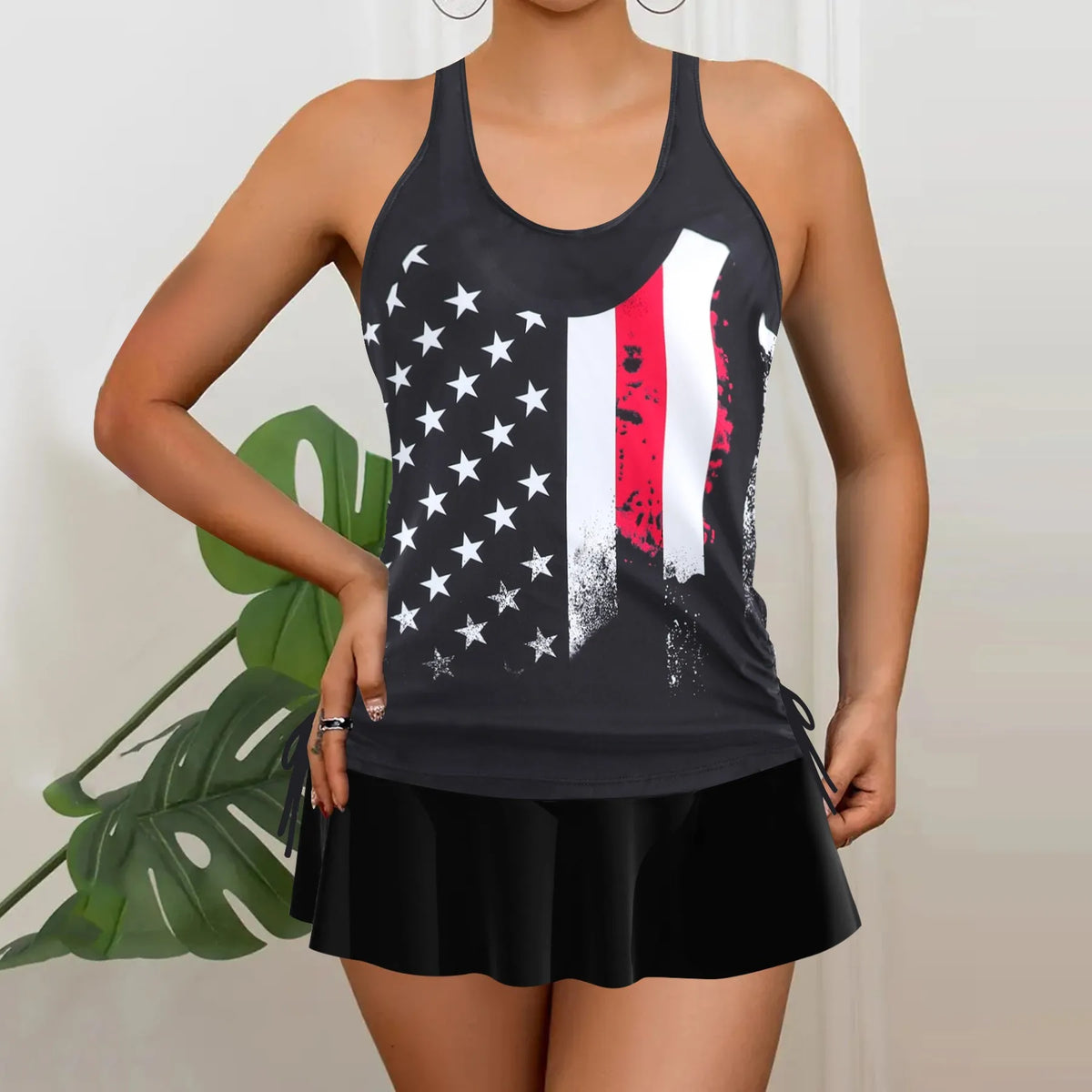 Swimwear Women Bikini Tankini Plus Size Sleeveless Side Tie Bikinis Striped Solid Color Swimsuit Mini Swim Skort Two Piece
