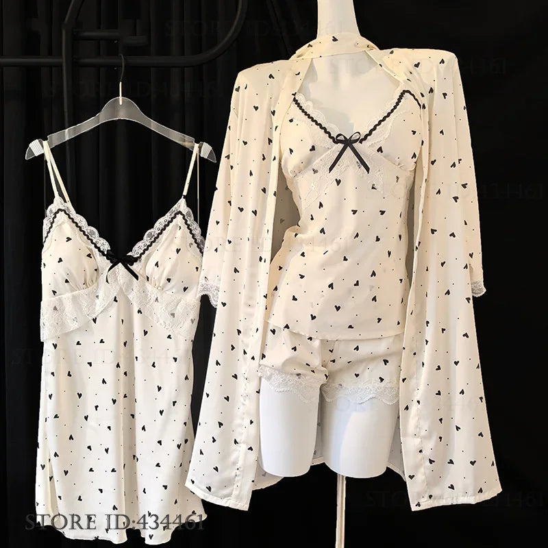 Damen 4-teiliges Pyjama-Set Schlafanzug Frühling Sommer Neue Pyjamas für Damen Sexy Dessous mit Spitze Nachtwäsche Hauskleidung Loungewear
