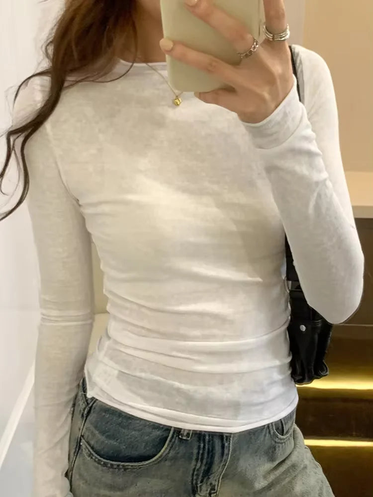 Frühling Herbst T-Shirt Damen Tops Einfarbig Slim Fit Langarm Rundhals T-Shirts Weiblich Lässige Streetwear Hochwertige Basic-Shirts