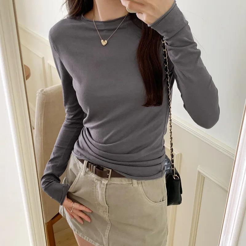 Frühling Herbst T-Shirt Damen Tops Einfarbig Slim Fit Langarm Rundhals T-Shirts Weiblich Lässige Streetwear Hochwertige Basic-Shirts