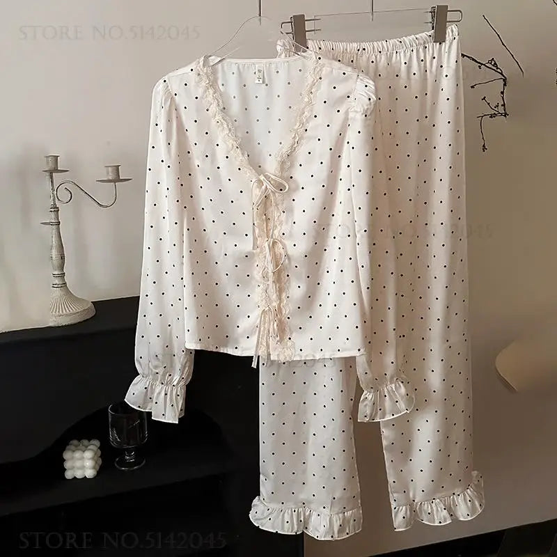Frühling Neue Damenpyjamas 2-teiliges Set Schlafanzüge Elegant Französischer Hofstil Nachtwäsche Pyjama Pour Femme Seidensatin Homewear Lingerie