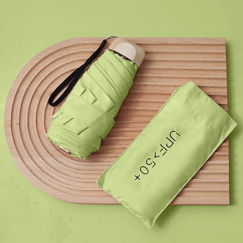 UPF50+ Mini Flachschirm, 5-fach faltbar, tragbarer Taschen-UV-Schutz-Regenschirm für Damen