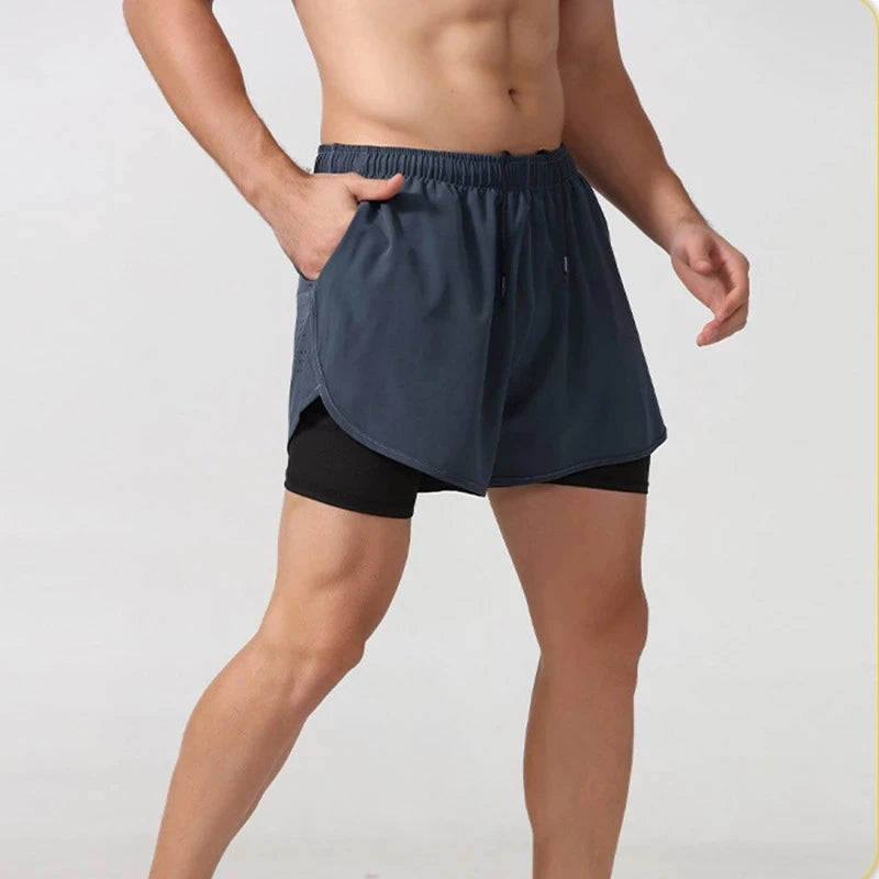 Herren Laufshorts Schnelltrocknende Fitness Schwarz Doppellagige Shorts Herren Neue Sport Workout Training Bodybuilding Kurze Hosen