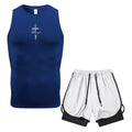 Herren 2-teiliges Kompressions-Set: Ärmellose Weste und doppelagige Shorts mit Dornenkreuz-Text-Print, Tasche und Handtuchring – ideal für das Fitnessstudio-Training