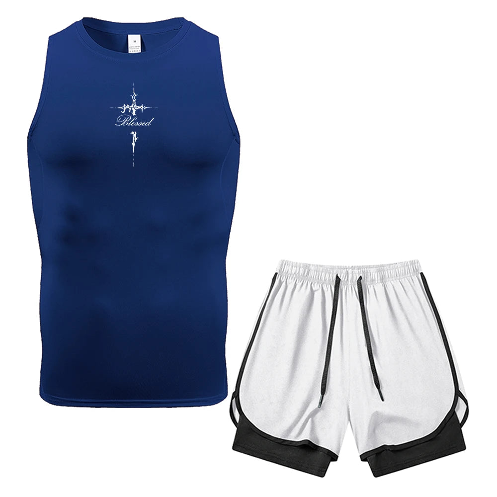 Herren 2-teiliges Kompressions-Set: Ärmellose Weste und doppelagige Shorts mit Dornenkreuz-Text-Print, Tasche und Handtuchring – ideal für das Fitnessstudio-Training