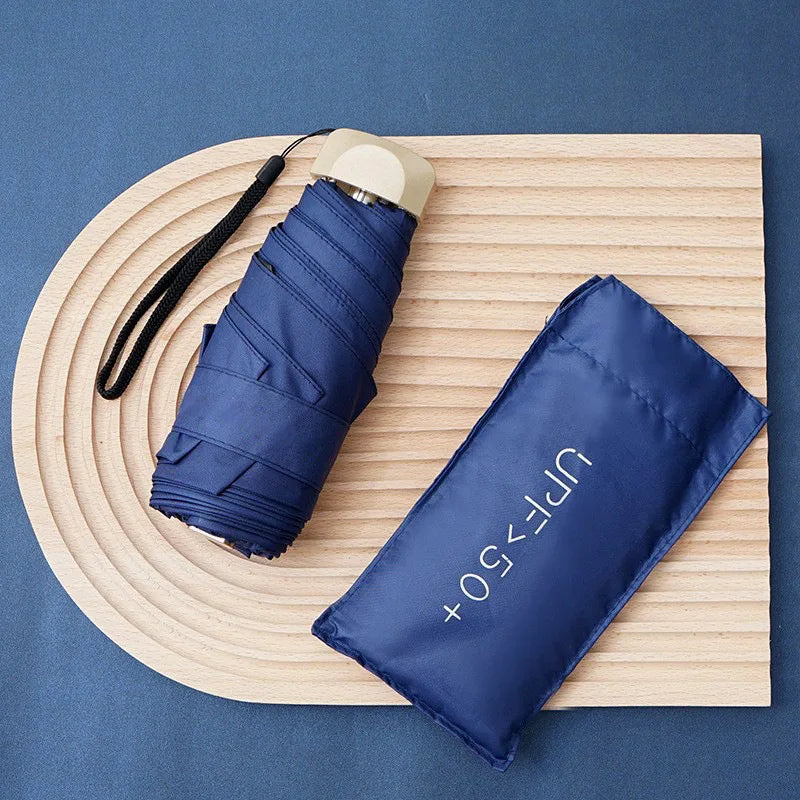 UPF50+ Mini Flachschirm, 5-fach faltbar, tragbarer Taschen-UV-Schutz-Regenschirm für Damen