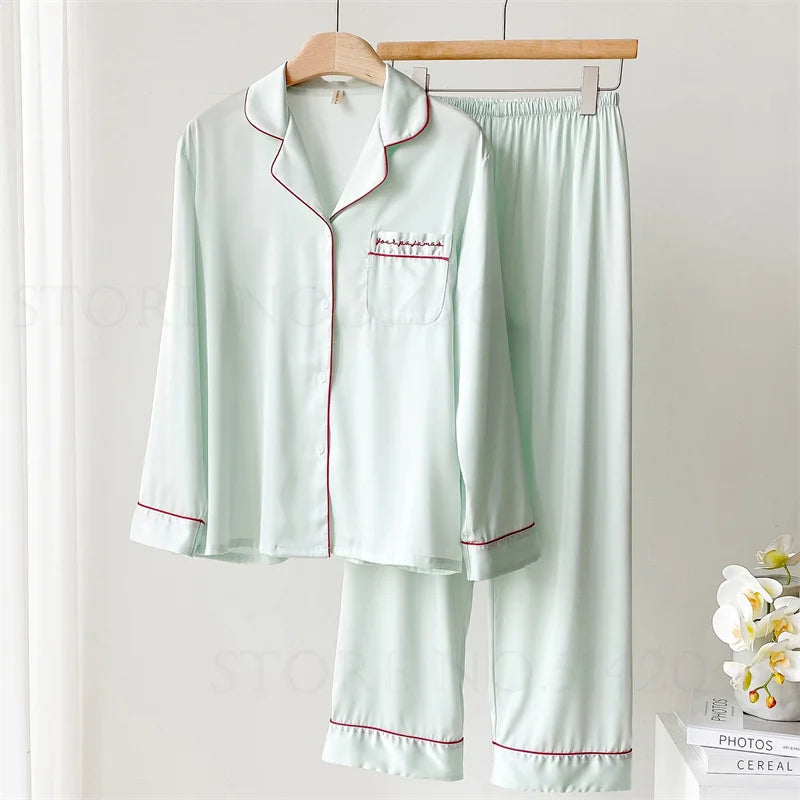 Autumn Casual Home Wear Pyjama Pour Femme Female Long Sleeve Pajamas Trouser Suits Green Satin Sleepwear Lounge Wear Lingerie