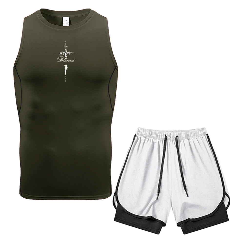 Herren 2-teiliges Kompressions-Set: Ärmellose Weste und doppelagige Shorts mit Dornenkreuz-Text-Print, Tasche und Handtuchring – ideal für das Fitnessstudio-Training
