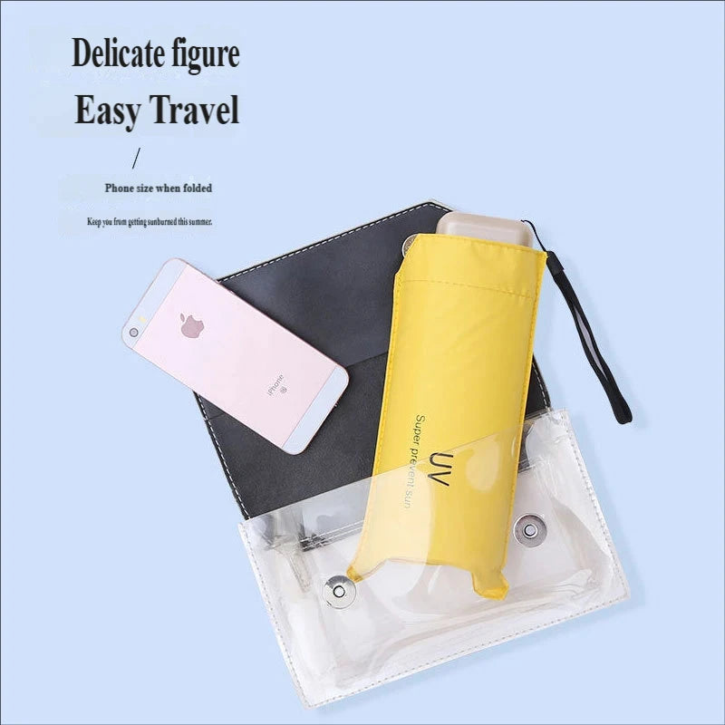 UPF50+ Mini Flachschirm, 5-fach faltbar, tragbarer Taschen-UV-Schutz-Regenschirm für Damen