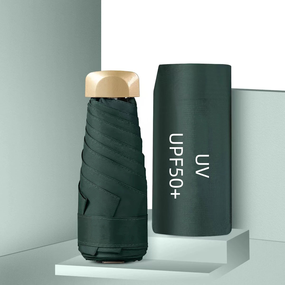 UPF50+ Mini Flachschirm, 5-fach faltbar, tragbarer Taschen-UV-Schutz-Regenschirm für Damen