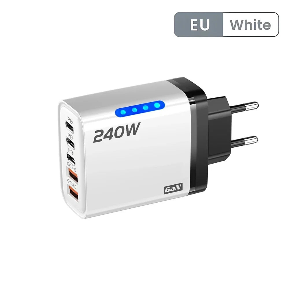 5 in 1 GaN USB C Desktop Charger 240W Fast Charge Phone Adapter 10A Type C Cable For iPhone Samsung Xiaomi EU/US/UK Plug Charger