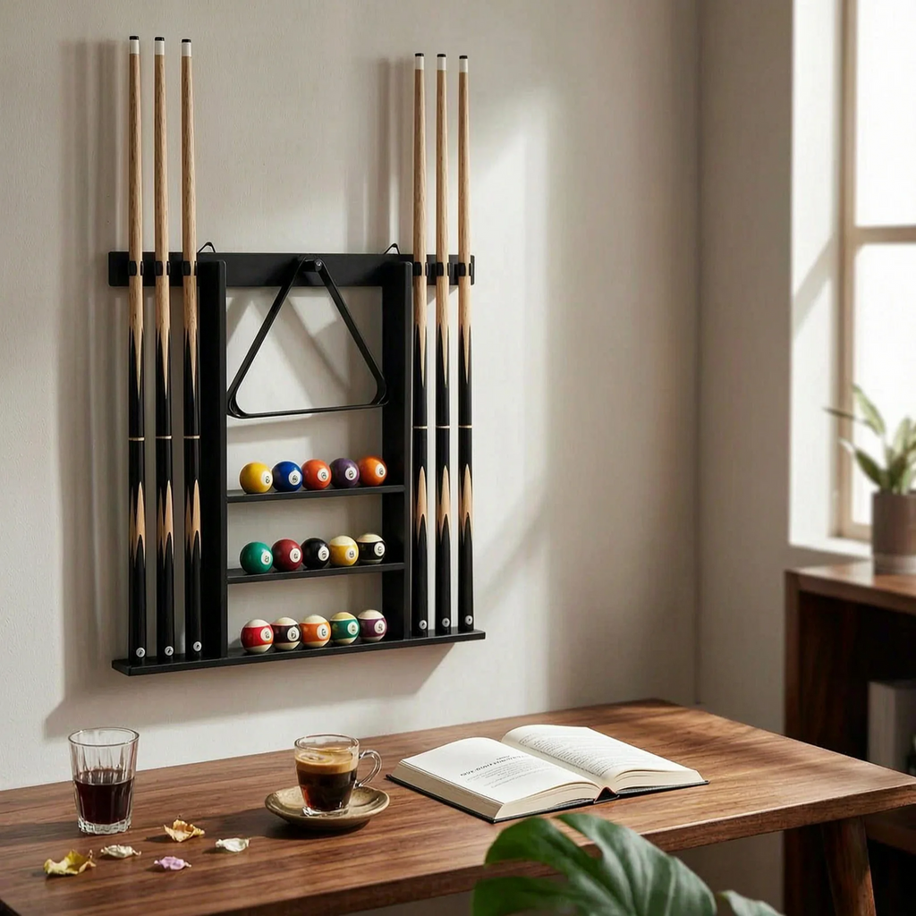 Pool Cue Rack with Accessory Storage Hardwood Pool Cue Rack Sturdy Easy to Install for Game Room, Home Bar