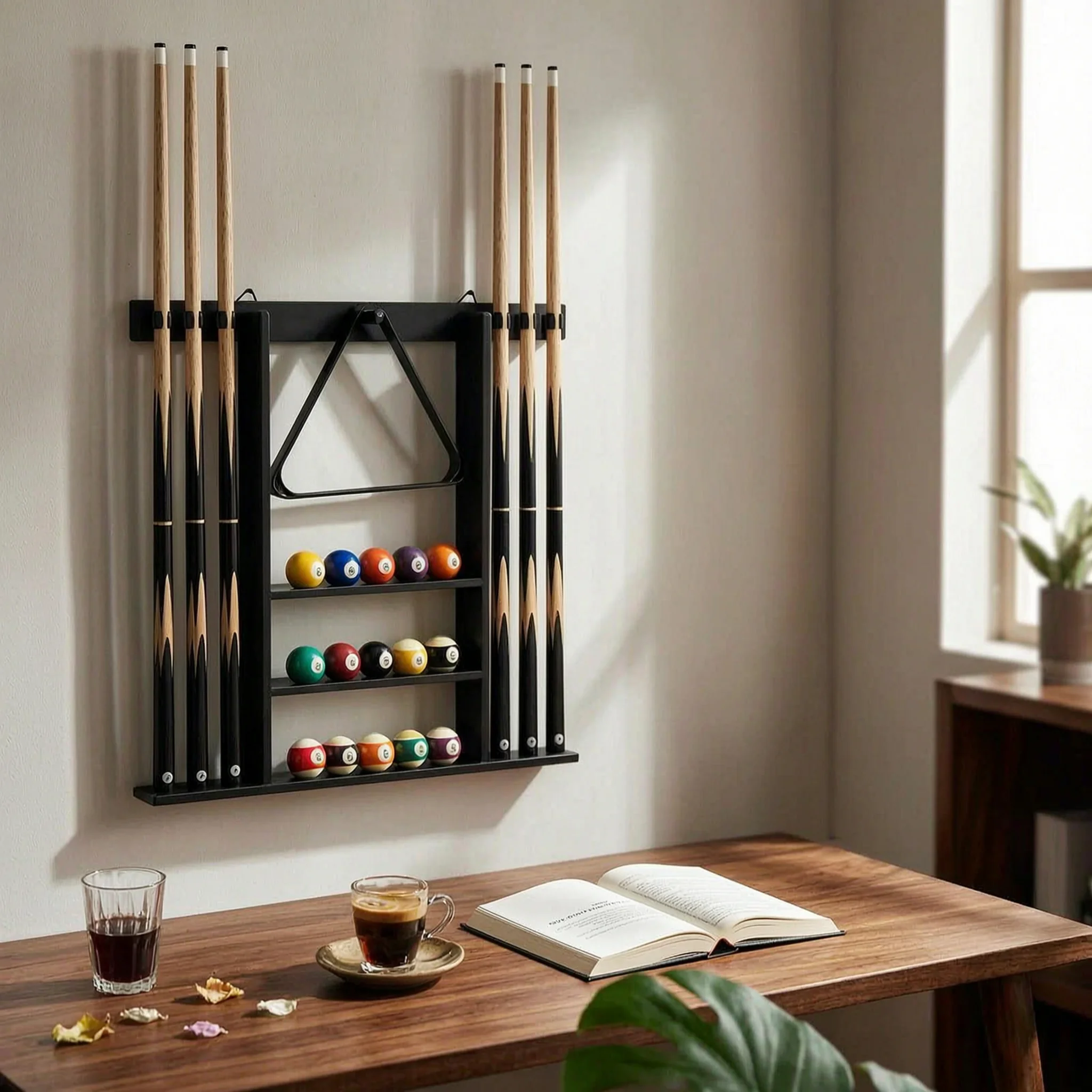 Pool Cue Rack with Accessory Storage Hardwood Pool Cue Rack Sturdy Easy to Install for Game Room, Home Bar