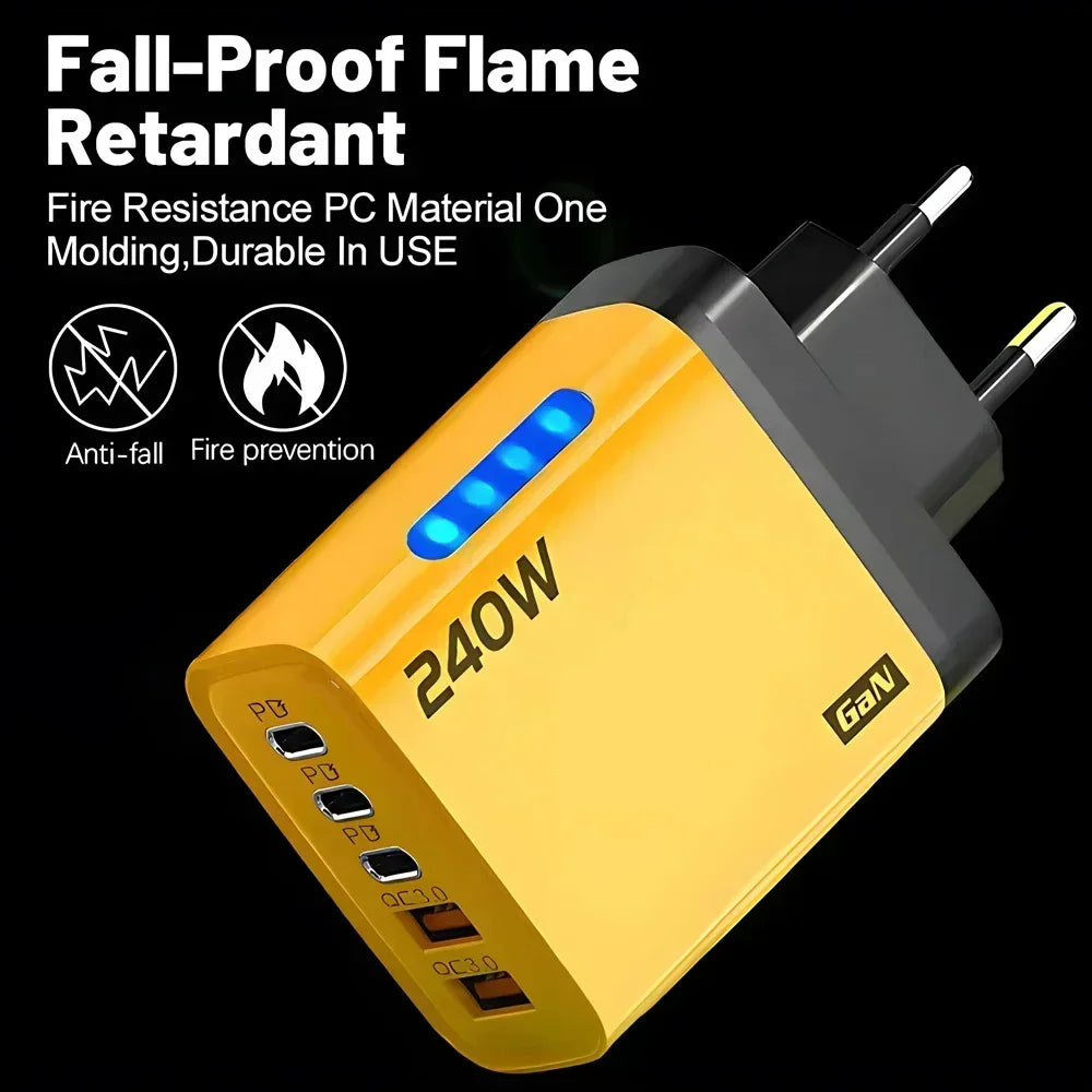 5 in 1 GaN USB C Desktop Charger 240W Fast Charge Phone Adapter 10A Type C Cable For iPhone Samsung Xiaomi EU/US/UK Plug Charger